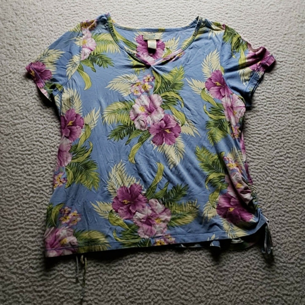 Caribbean Joe Shirt Womens Plus 1X Blue Floral V Neck Side Tie Jersey T Shirt